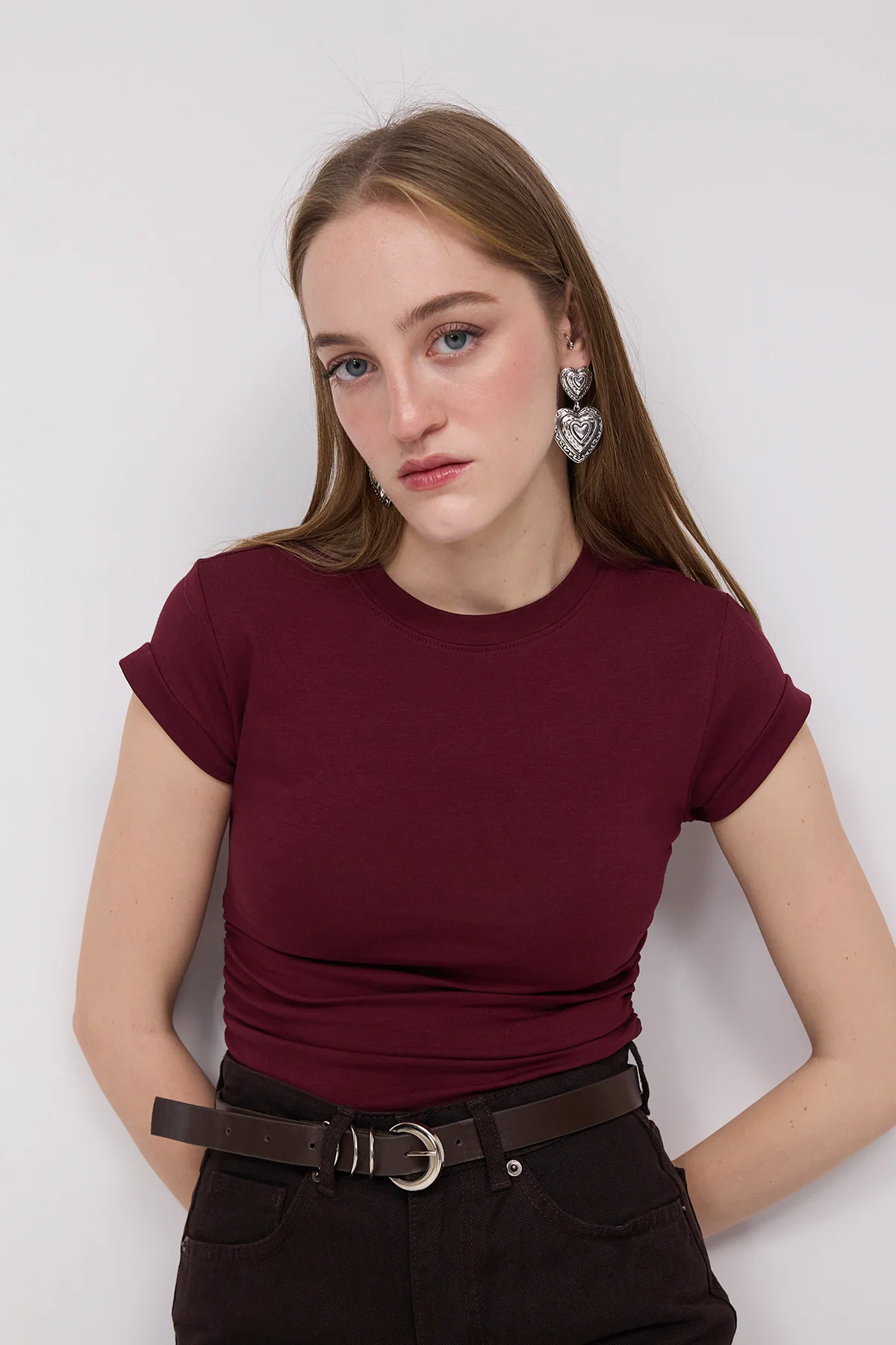 Crew Neck Side Gathered Blouse - Image 18