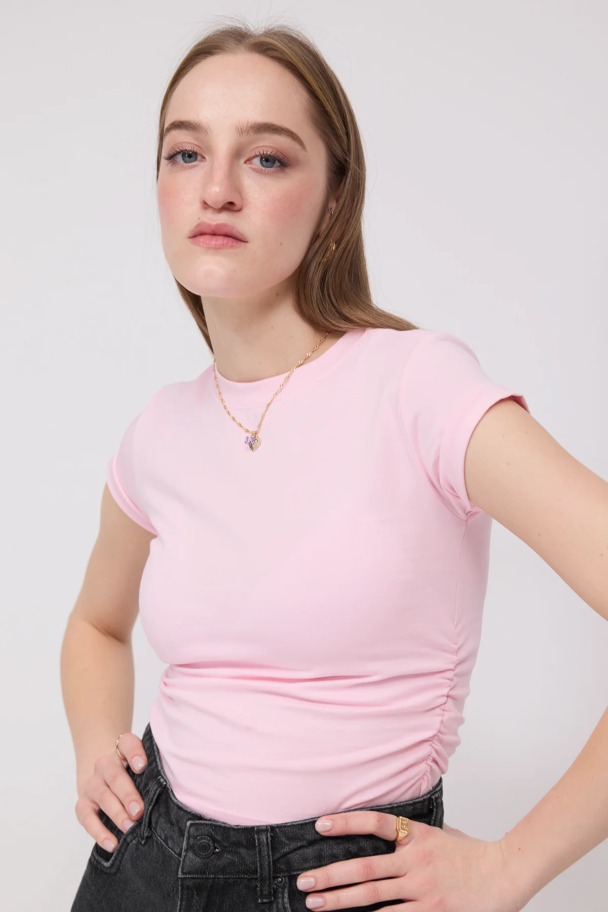 Crew Neck Side Gathered Blouse - Image 20