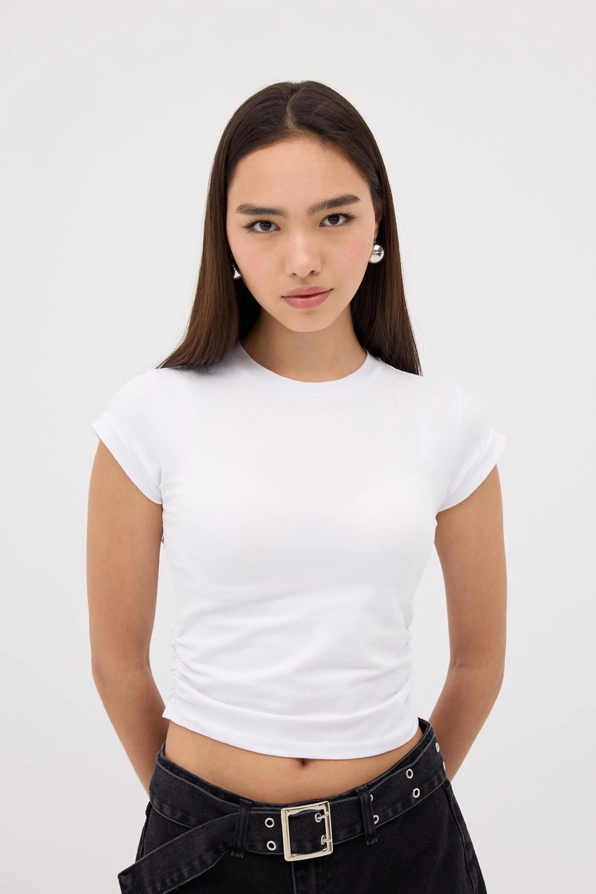 Crew Neck Side Gathered Blouse - Image 37