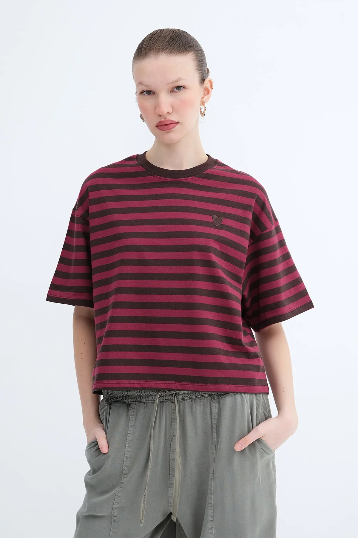 Heart Embroidered Striped T-Shirt - Image 4